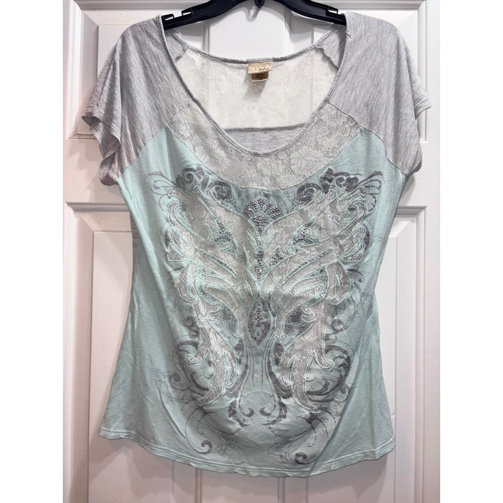 Daytrip Womens XL Mint Grey Lace Rhinestone Graphic Short Sleeve Top Shirt